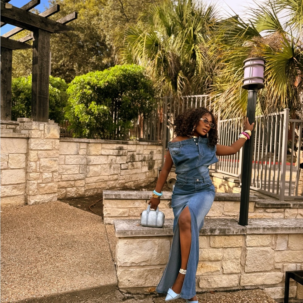SHEIN Blue Denim Maxi Dress with Front Slit